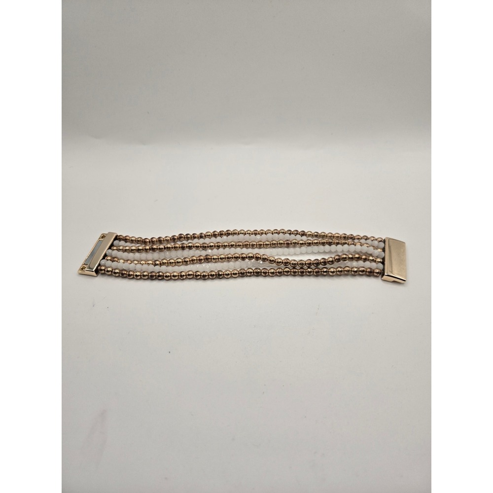 Rose Gold White Beaded Multi Strand Bracelet Magnetic Clasp Boho Layered